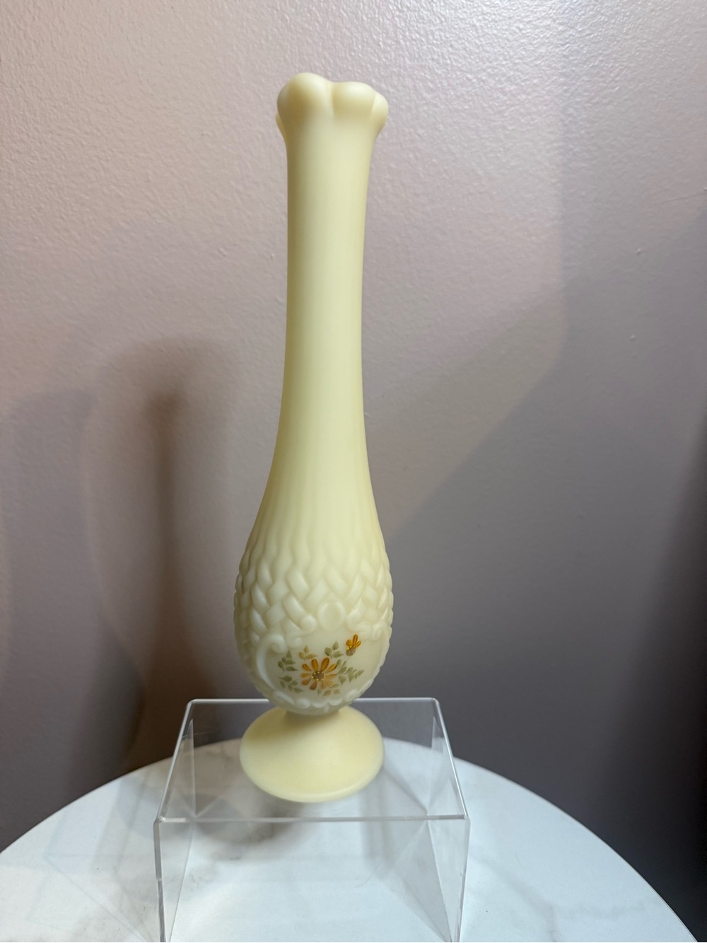 Fenton Custard Glass Bud Vase hand Painted and signed
